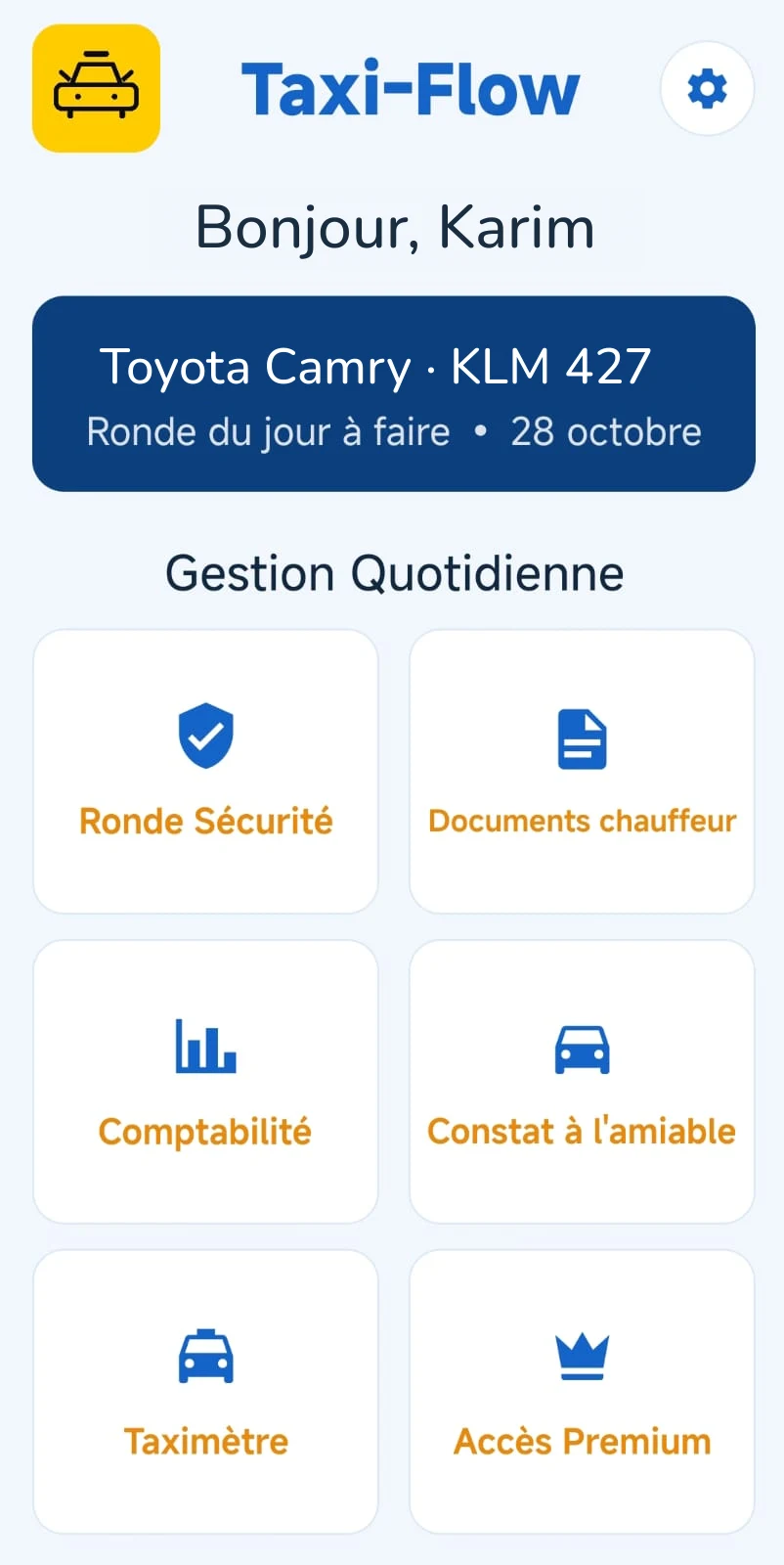 Écran d'accueil réel de l'application Taxi-Flow : ronde de sécurité, documents du chauffeur, constat à l'amiable, comptabilité, taximètre et accès Premium