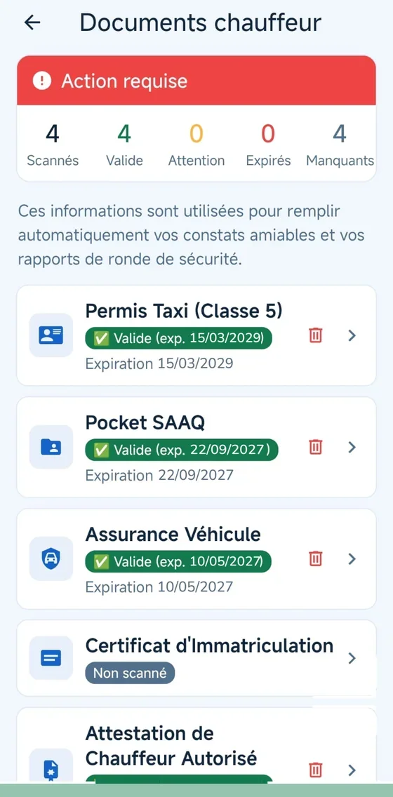 Documents du chauffeur dans Taxi-Flow : permis, pocket SAAQ et assurance avec leurs dates d'expiration