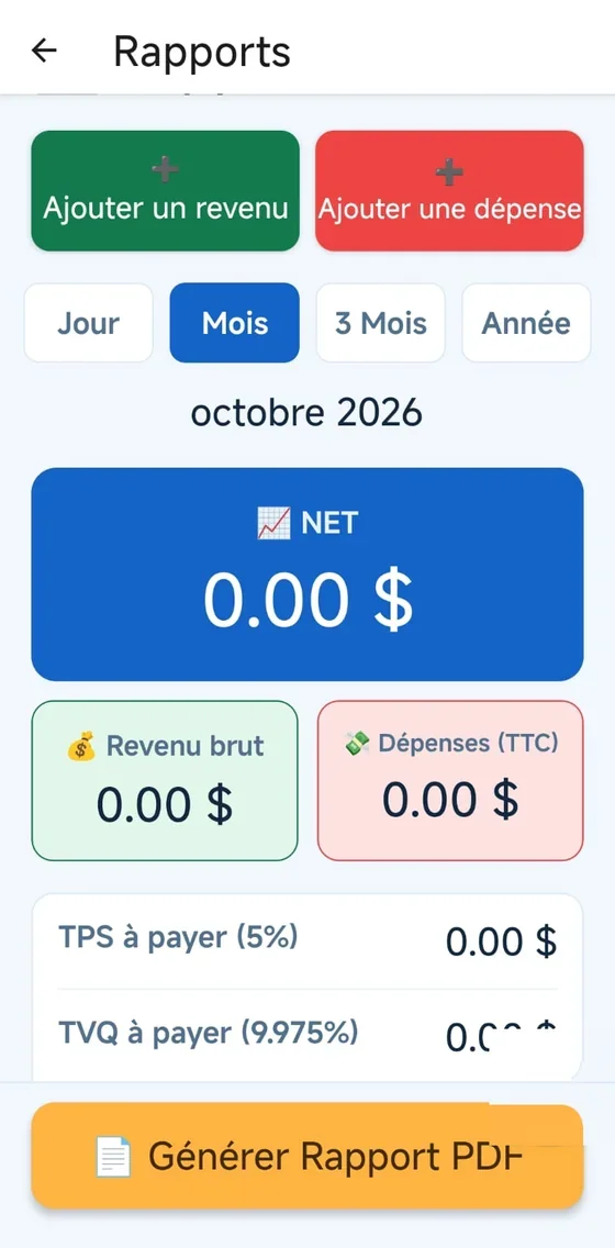 Rapports Taxi-Flow : revenus, dépenses, TPS et TVQ par période